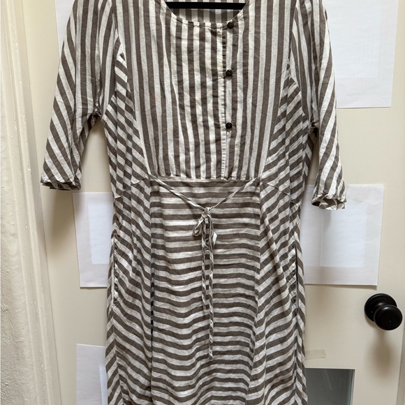 Gudrun Sjoden Oatmeal Gray & Cream Striped Cotton Dress with 3/4 Sleeves. Size L - Picture 2 of 8